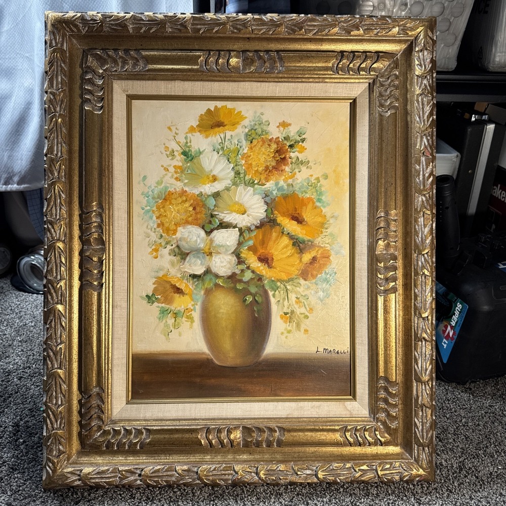 VTG ORIGINAL PAINTING L Marelli  FLOWERS IN VASE Frame